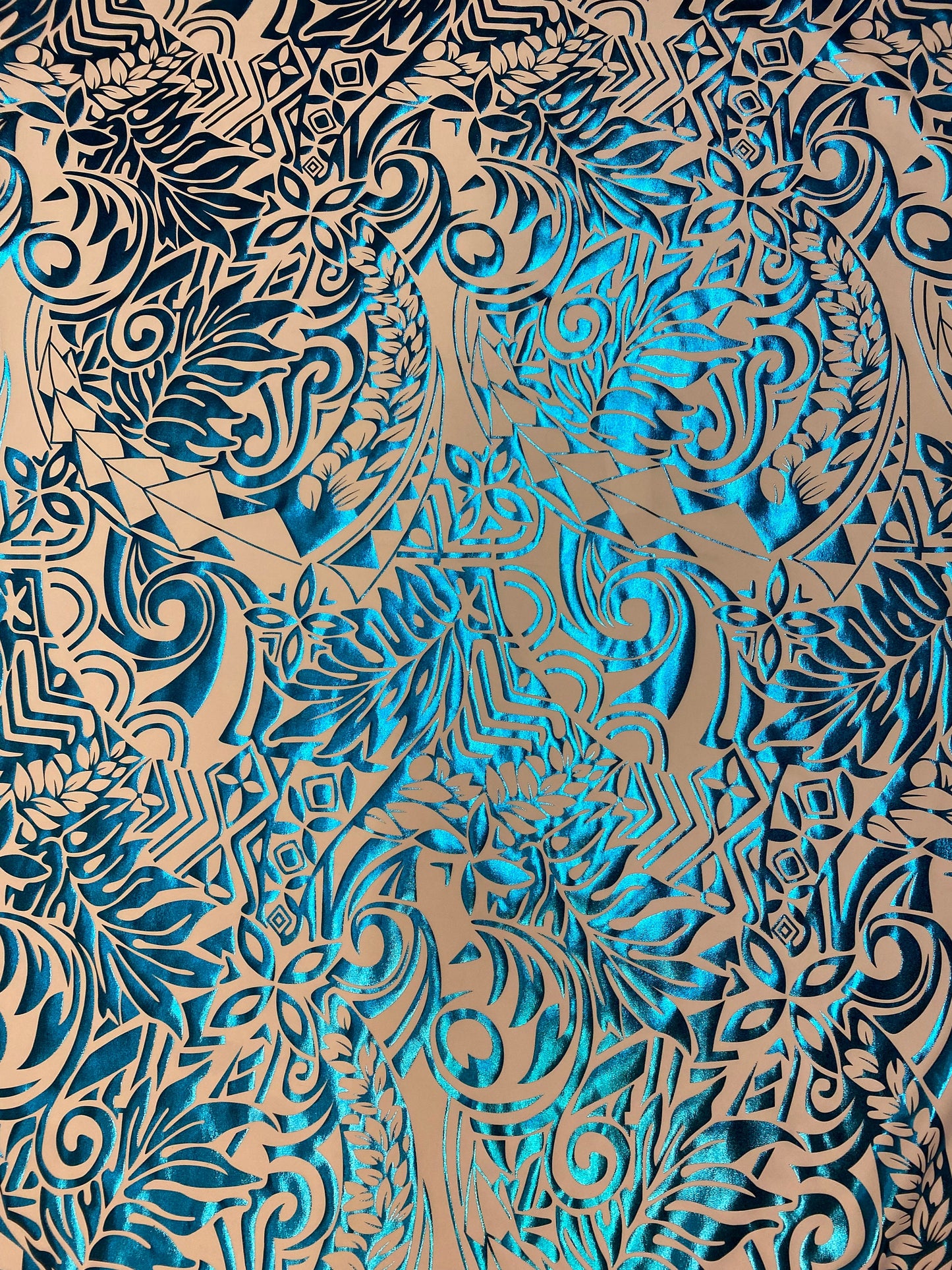GTEX Collection- Exquisite Traditional Polynesian Tattoo Design | Foil Fabric- 2 Way Stretch Fabric - 60" Luxury Quality (White & Turquoise) | Gtex Fabrics