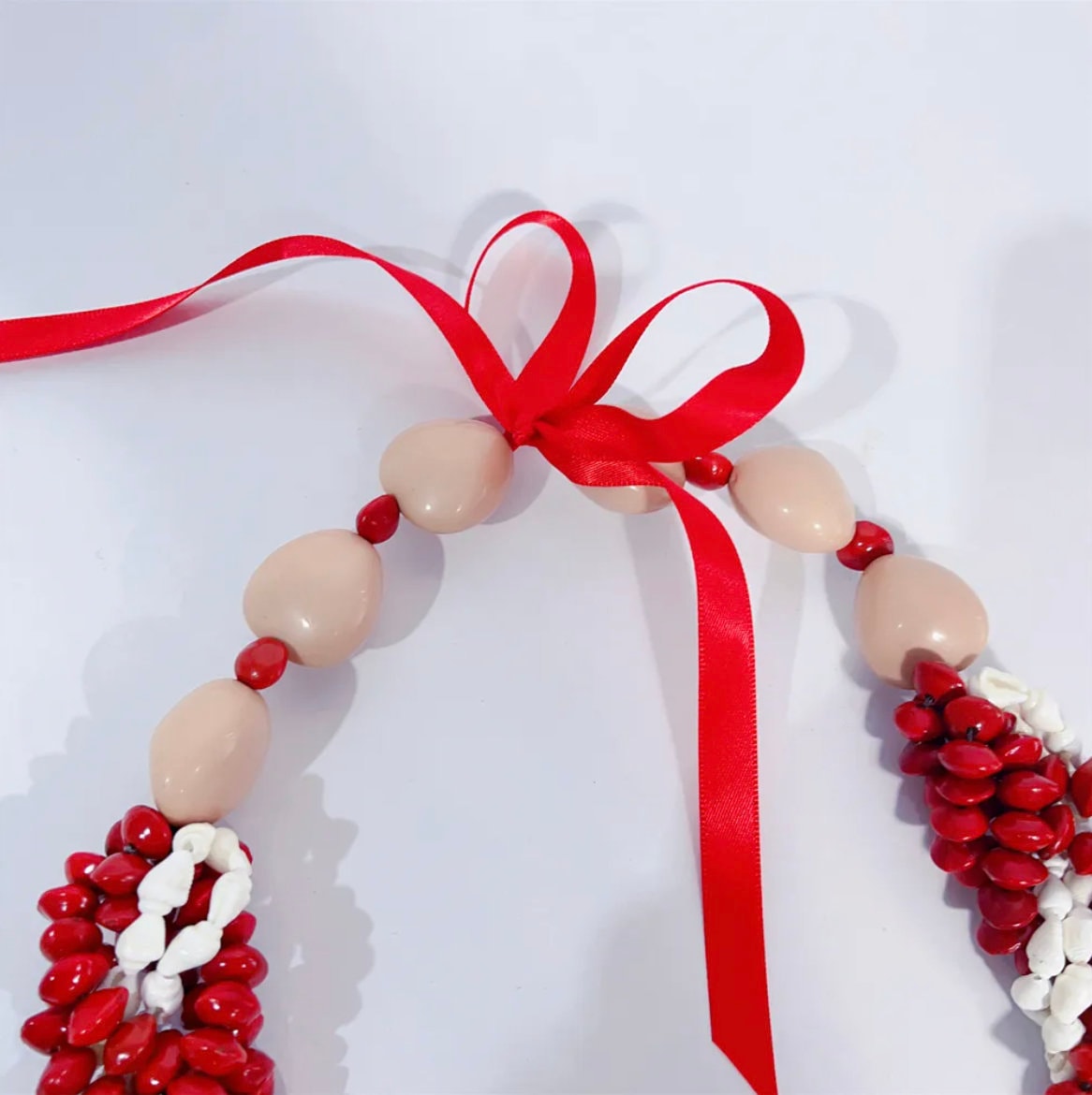 Polynesian, Samoan, Tongan Men's Traditional - Lopa Seeds White Nasa Shell Necklace Red Beans Acacia Beans w Acrylic Kukui Nuts Leis | Gtex Fabricss
