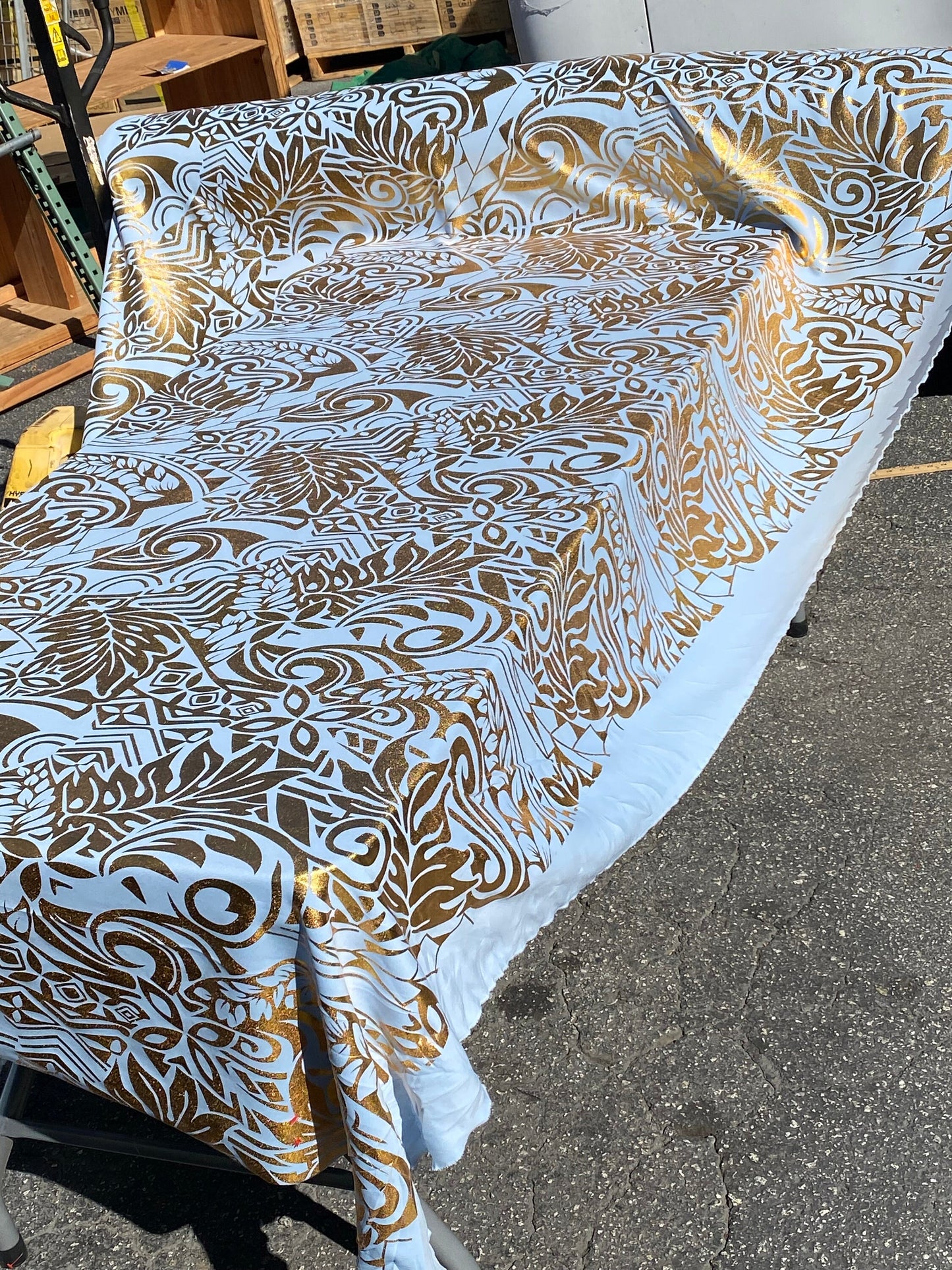 GTEX Collection- Exquisite Traditional Polynesian Tattoo Design | Foil Fabric - Stretch Scuba Fabric - 63" Luxury -Quality -Baby Blue & Gold | Gtex Fabrics