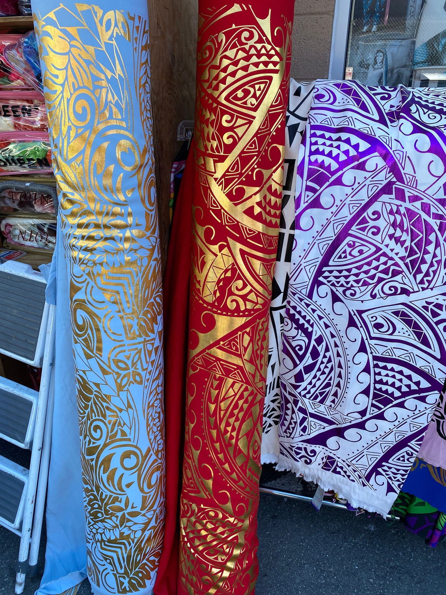 GTEX Collection- Exquisite Traditional Polynesian Tattoo Design | Foil Fabric - Stretch Scuba Fabric - 63" Luxury -Quality (Red & Gold) | Gtex Fabrics