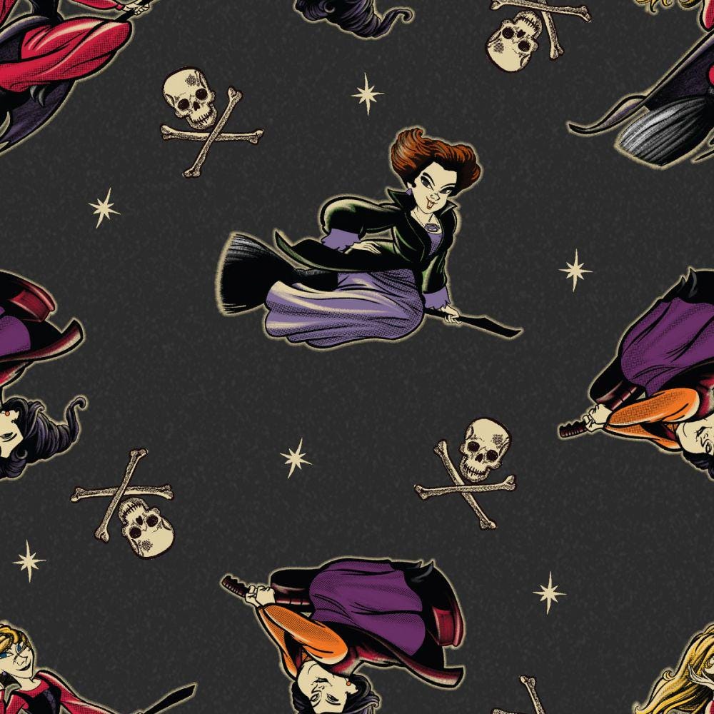 Hocus Pocus Witches On Brooms 44" - 100% Cotton Fabric - Sold by the yard | Gtex Fabrics