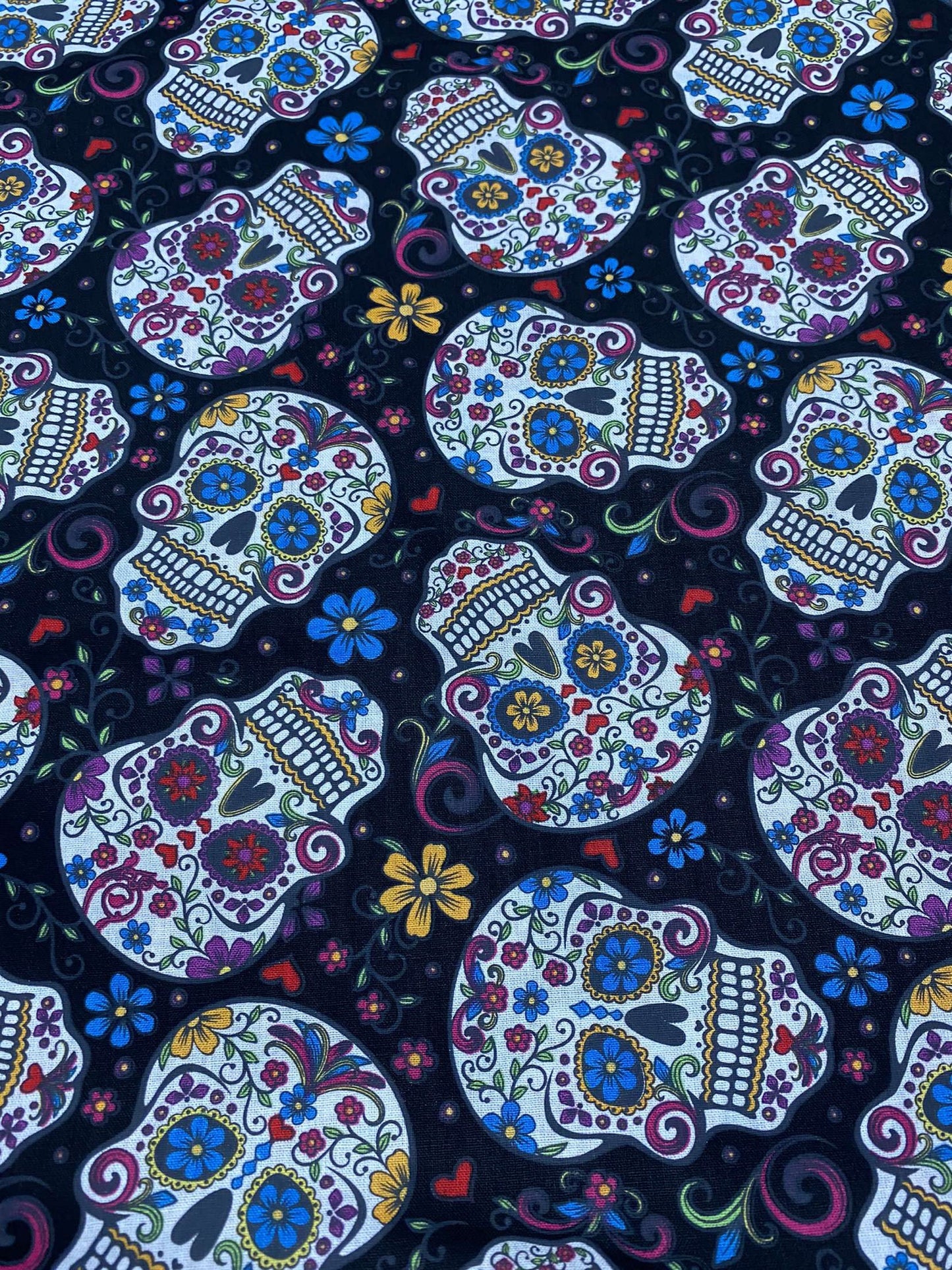 Mexican Heritage Folkloric Sugar Skulls 100% Cotton Fabric / Black Calaveras Fabric / David Textiles / 44" wide | Gtex Fabrics
