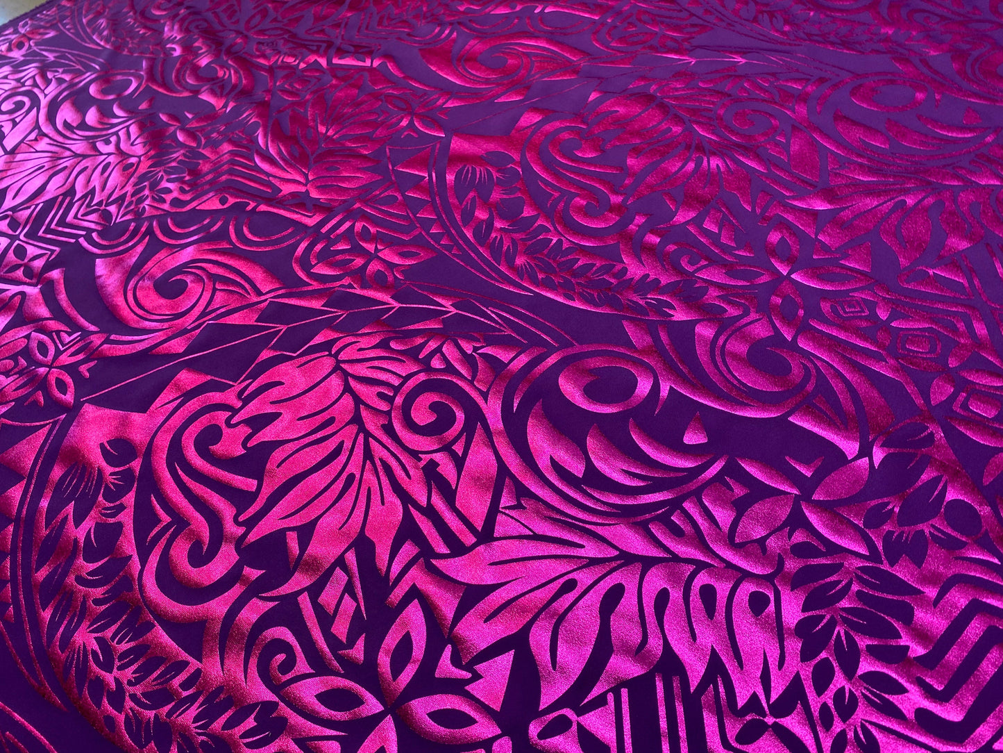 GTEX Collection- Exquisite Traditional Polynesian Tattoo Design | Foil Fabric - 2 Way Stretch Fabric - 60" Luxury Quality (Purple & Pink) | Gtex Fabrics