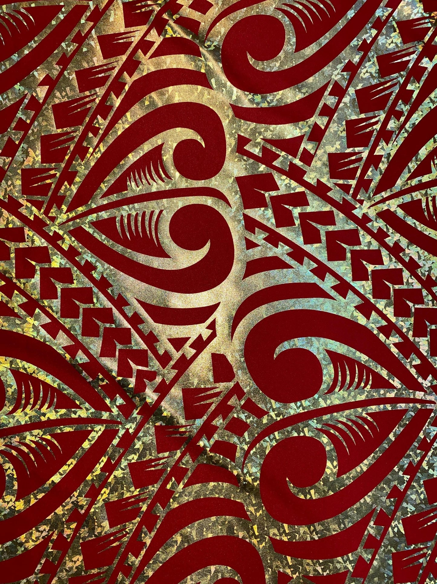 GTEX Collection- Exquisite Traditional Polynesian Tattoo Design | Foil Fabric - 2 Way Stretch Fabric - 60" Luxury Quality (Red & Gold) | Gtex Fabrics