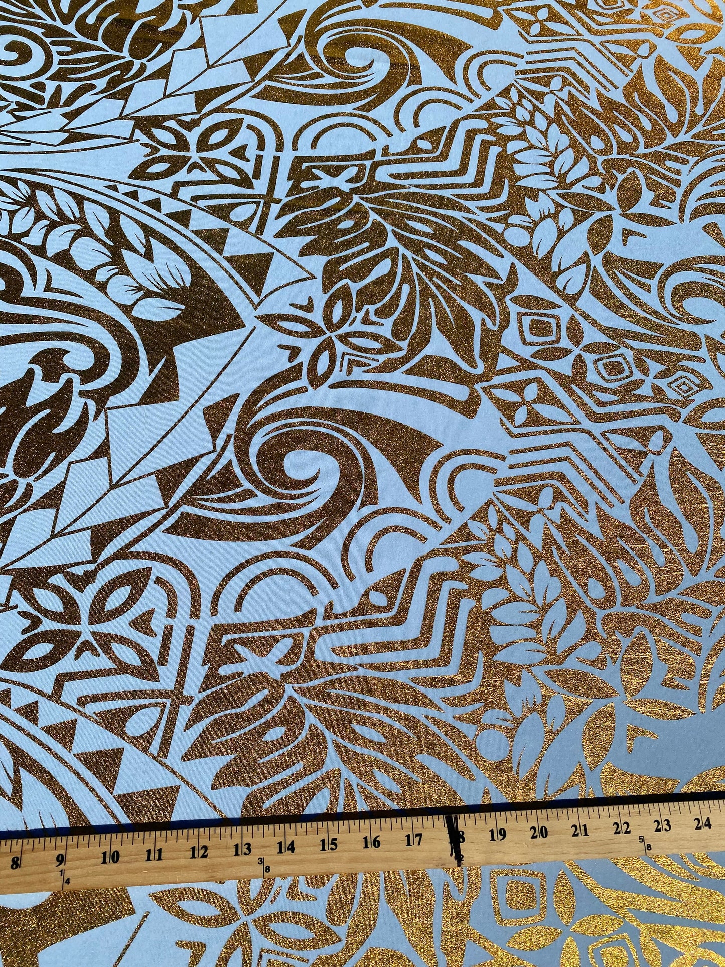 GTEX Collection- Exquisite Traditional Polynesian Tattoo Design | Foil Fabric - Stretch Scuba Fabric - 63" Luxury -Quality -Baby Blue & Gold | Gtex Fabrics