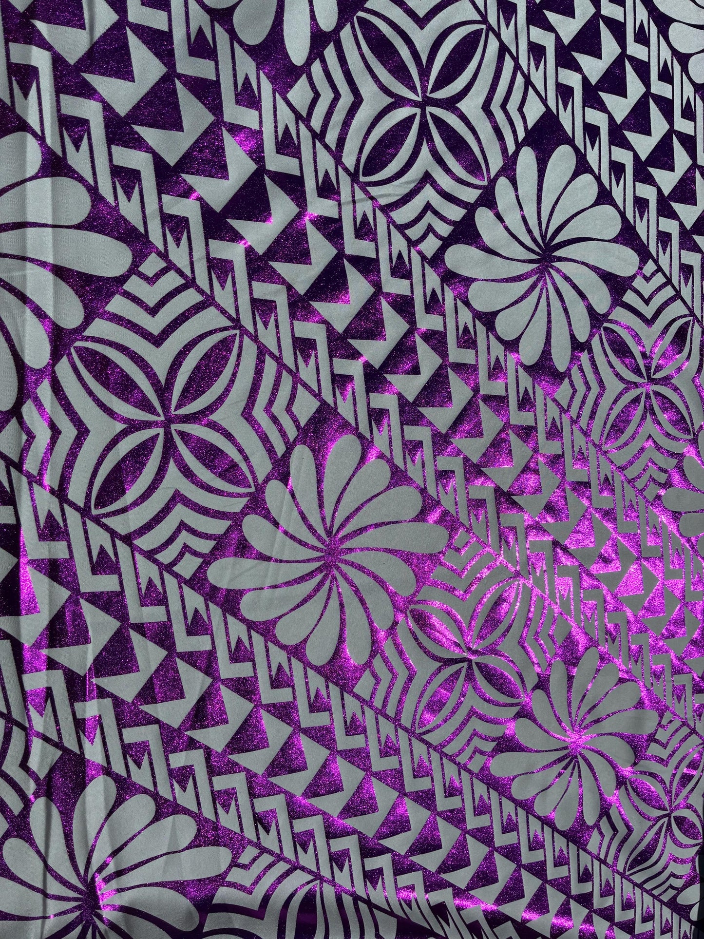 Traditional Polynesian Samoan Tongan Hawaiian Tattoo Hologram Foil Fabric | 58" White & Purple Color Foil Fabric (Non-Stretch) | Gtex Fabrics