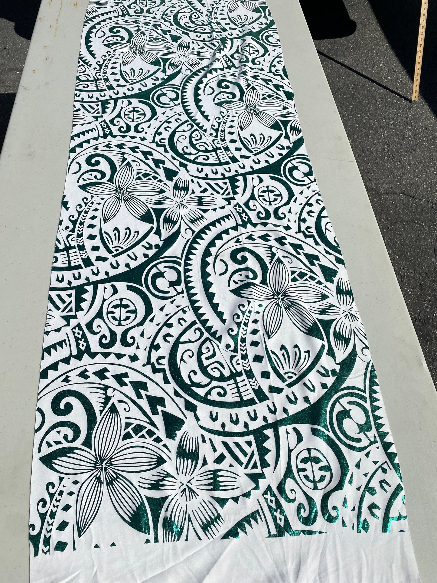 GTEX Collection- Exquisite Traditional Polynesian Tattoo Design | Foil Fabric - Stretch Scuba Fabric - 63" Luxury -Quality (White & Green) | Gtex Fabrics
