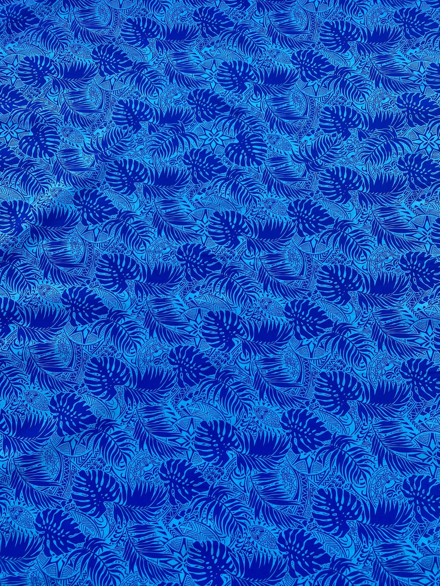 Polynesian Cotton Fabric by the Yard – Turquoise & Black Monstera Leaf Border Print – 100% Cotton Island Fabric, 45" Wide – Tropical Design | Gtex Fabrics