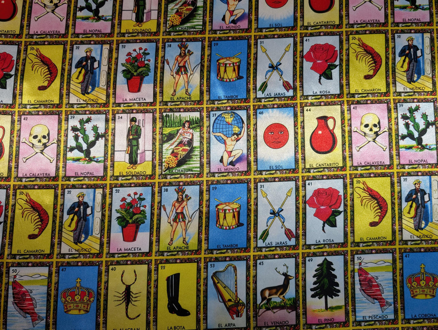 Loteria Mexican Fabric - Mexican Board Game Heavy Satin, 60" Wide by the Yard for Tablecloths, Apparel, & Crafts | Gtex Fabrics