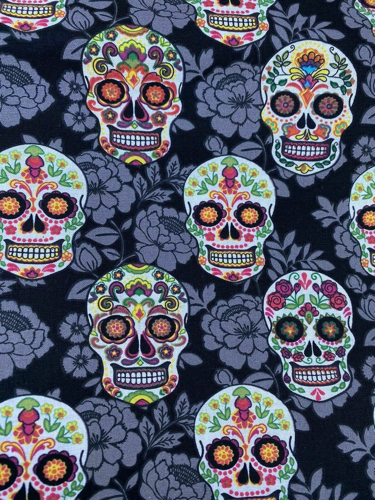 Mexican Heritage Folkloric Sugar Skulls 100% Cotton Fabric / Black & Gray Calaveras Fabric / 44" wide | Gtex fabrics