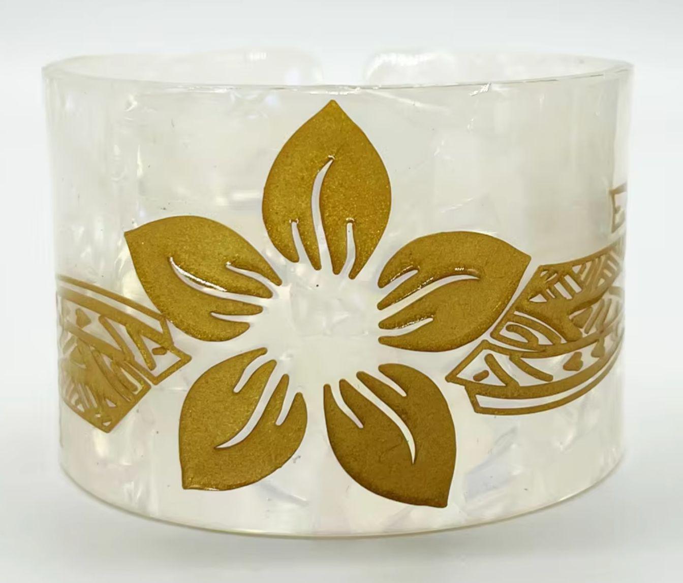 New Plumeria Floral Carved Acrylic Cuff Bracelets Bangles – Polynesian Island Tribal Jewelry – 2.75″ Diameter x 2″ Width | Gtex Fabrics