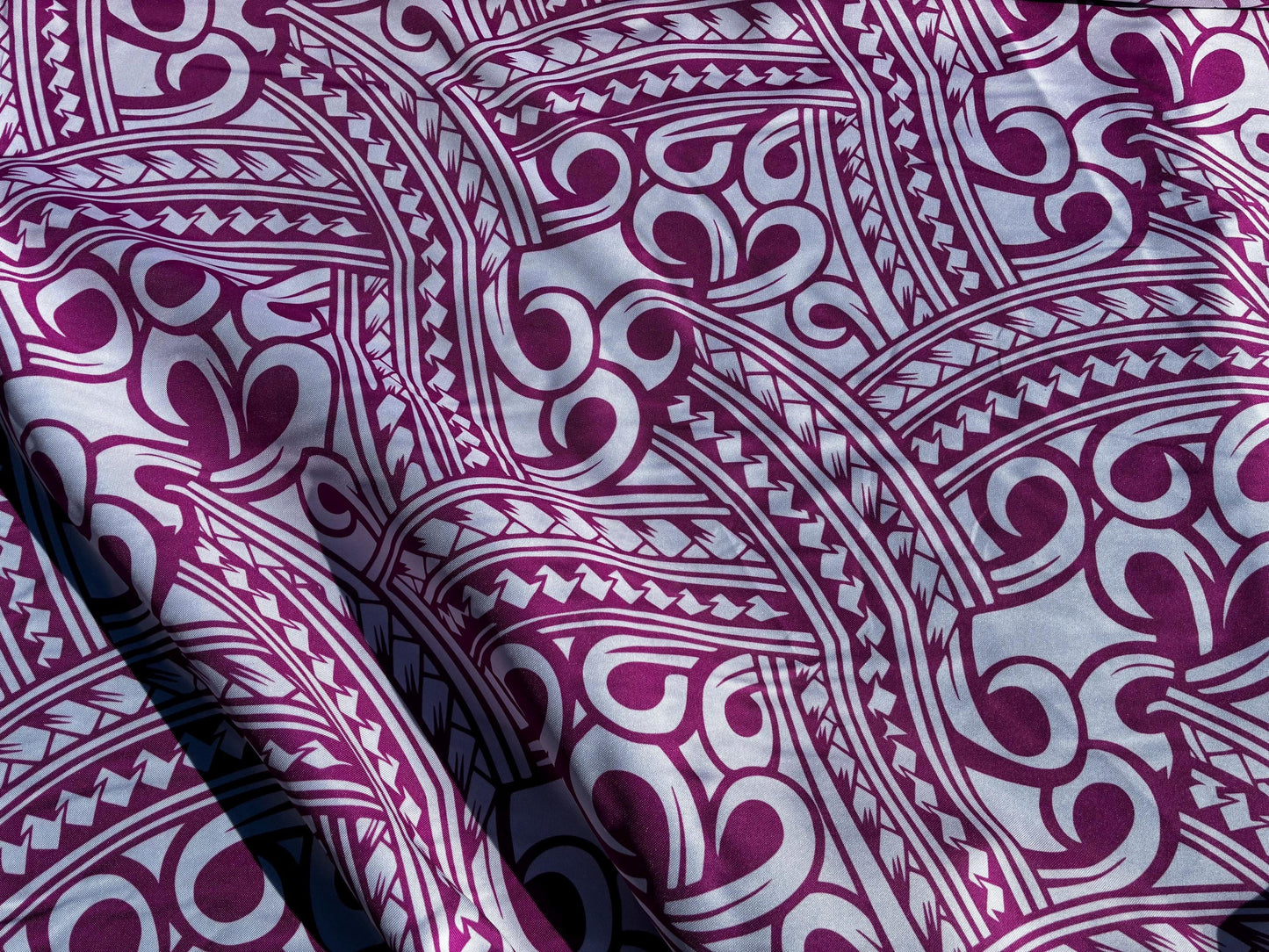 Island Fabric - Polynesian Tribal Fabric β 100% Polyester MiniMatt β Made in New Zealand 60β Wide (White and Pink) | Gtex Fabrics