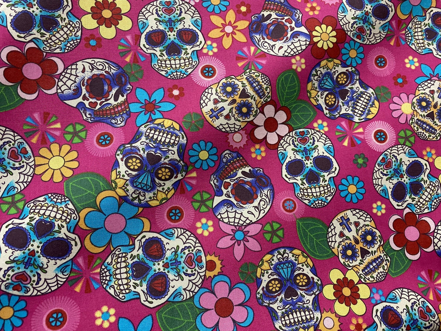 Mexican Heritage Folkloric Sugar Skulls 100% Cotton poplin Fabric / Pink Calaveras Fabric / 44" wide | Gtex Fabrics