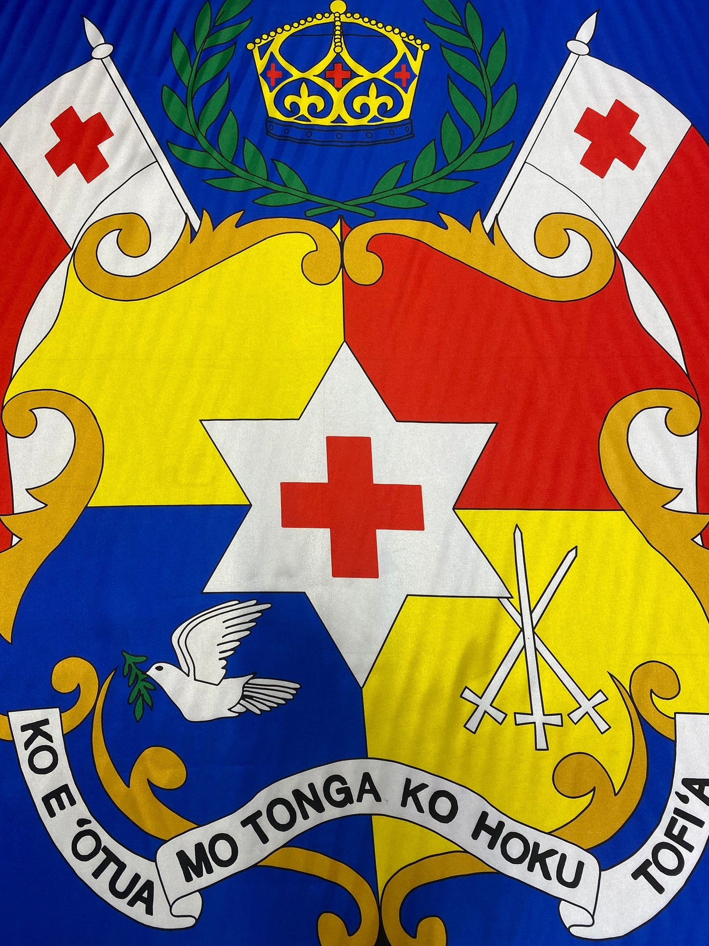 Seal of Tonga - Logo on Satin Fabric - Panel 40" x 58" Wide - Flag of Tonga for Quilts, Mono Mono, Crafts & More | Gtex Fabrics
