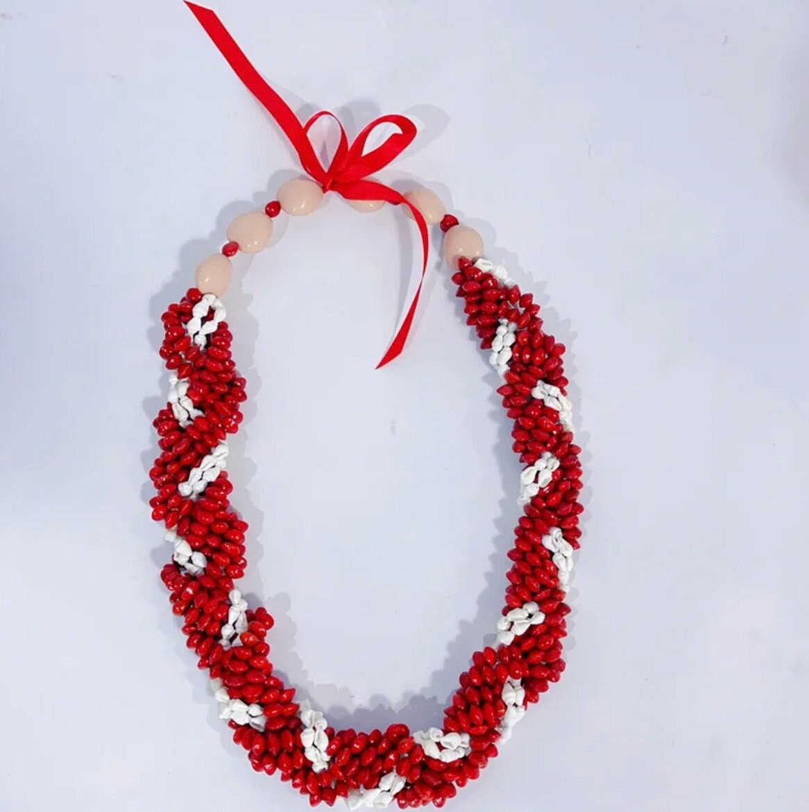 Polynesian, Samoan, Tongan Men's Traditional - Lopa Seeds White Nasa Shell Necklace Red Beans Acacia Beans w Acrylic Kukui Nuts Leis | Gtex Fabricss