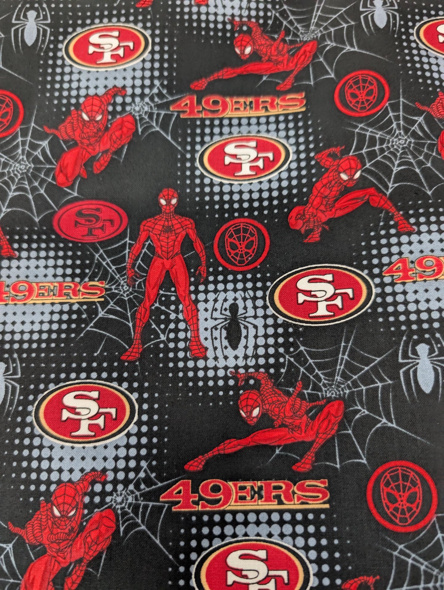 NFL San Francisco 49ers Logo Spider Man Toss 100% Cotton Fabric Fast Ship Football Material By The Yard | Gtex Fabrics