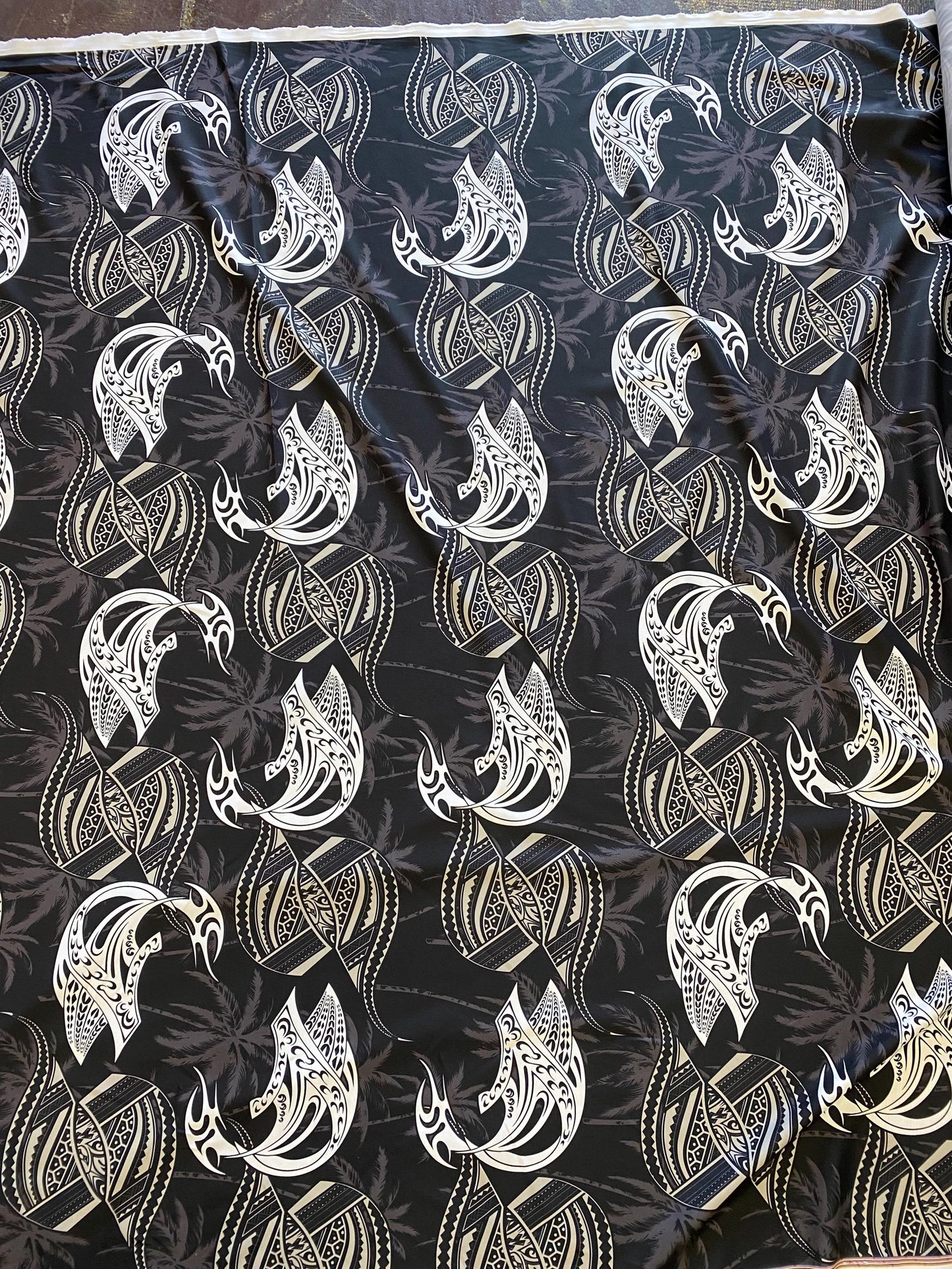 Polynesian Tribal Tattoo Fabric – Black & Grey | Samoan, Tongan, Fijian Islander Print | PeachSkin Material – 58" Wide - Sold By The Yard | Gtex Fabrics