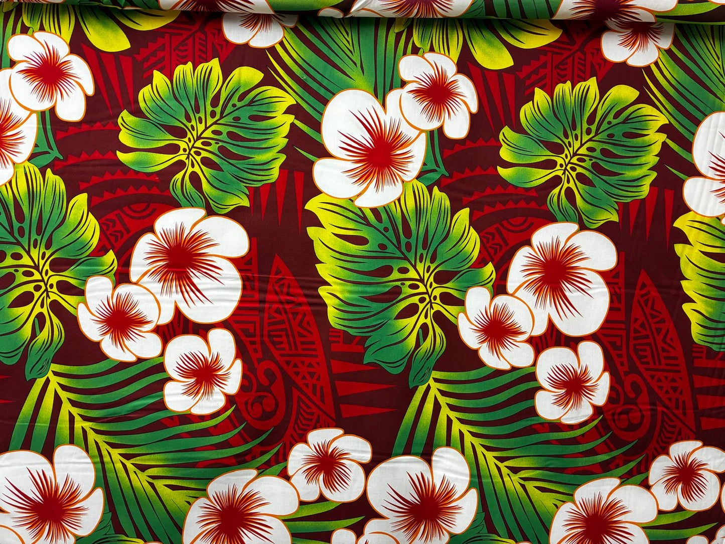 Polynesian Hibiscus & Monstera Fabric โ 100% Cotton | 45" Wide | Tropical Island Print | Sold by Yard or Roll | Made in Thailand | Gtex Fabrics