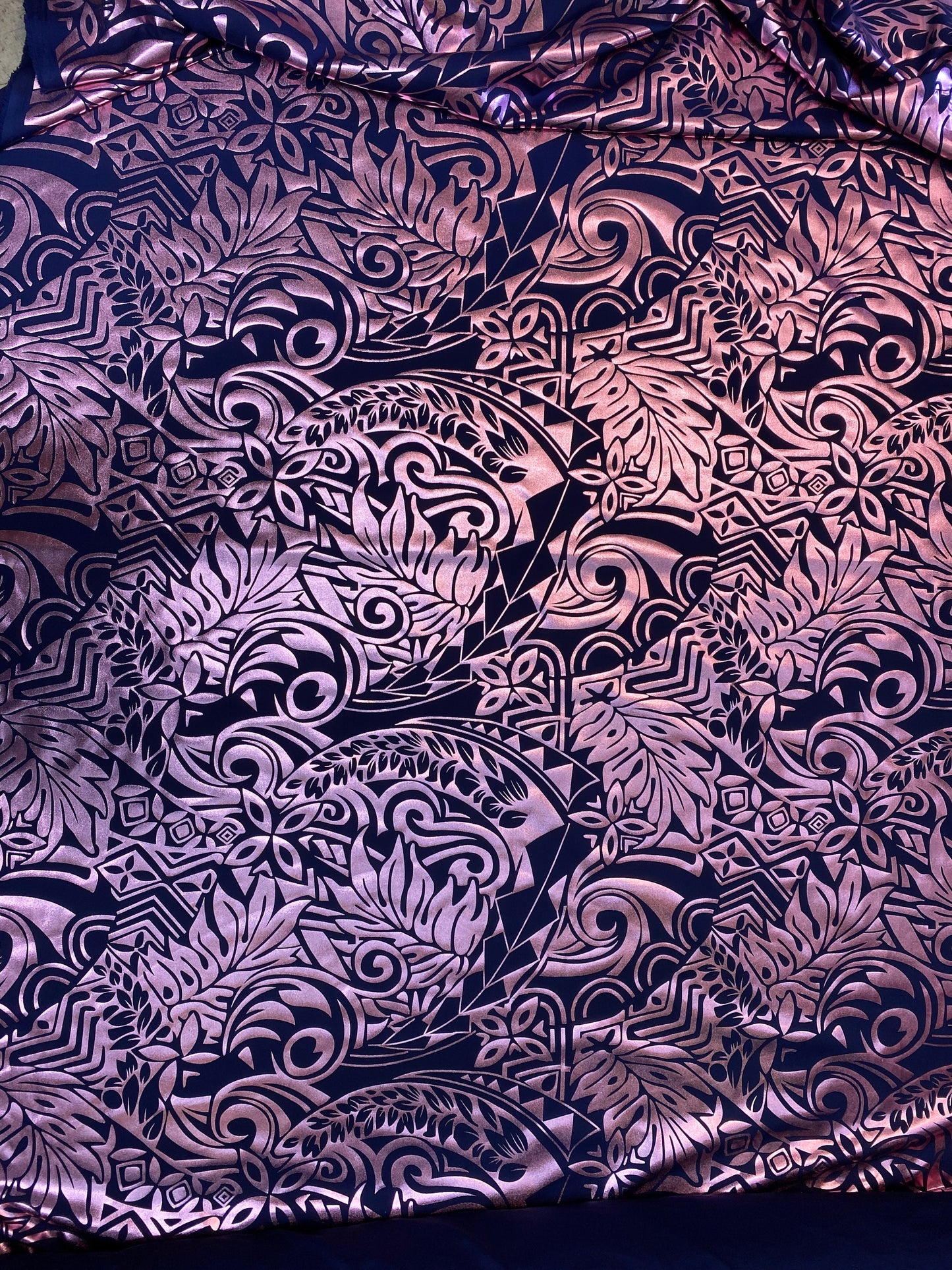 GTEX Collection- Exquisite Traditional Polynesian Tattoo Design | Foil Fabric - 2 Way Stretch Fabric - 60" Luxury (Navy & Dusty Rose Pink) | Gtex Fabrics