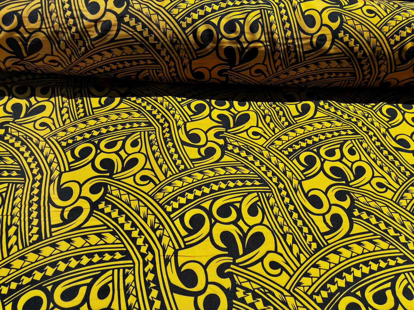 Island Fabric - Polynesian Tribal Fabric – 100% Polyester MiniMatt – Made in New Zealand 60” Wide (Yellow and Black) | Gtex Fabrics