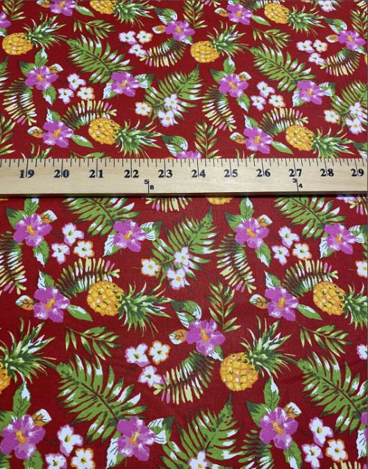 Hawaiian Print Luau Floral Pineapple Toss 100% Cotton Fabric 45" Island Print Sold By The Yard or Choose Length | Gtex Fabrics