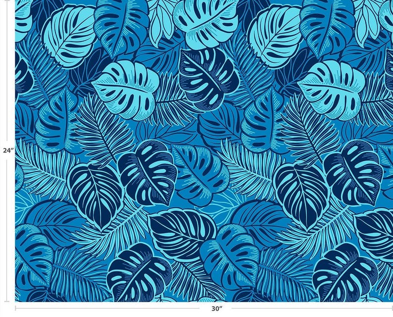 Monstera Leaf Fabric – Blue Poly Cotton Blend Fabric, 44” Wide Tropical Island Print by the Yard