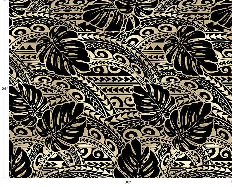 Polynesian Tribal Tattoo Monstera Fabric – Champagne Brown & Black 100% Cotton Fabric, 44” Wide Island Print by the Yard