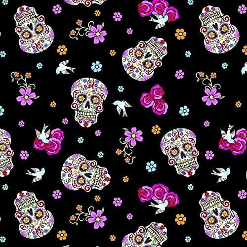 Mexican Heritage Folkloric Sugar Skulls With Glitter 100% Cotton Fabric / Black Calaveras Fabric / David Textiles / 44" wide | Gtex Fabrics