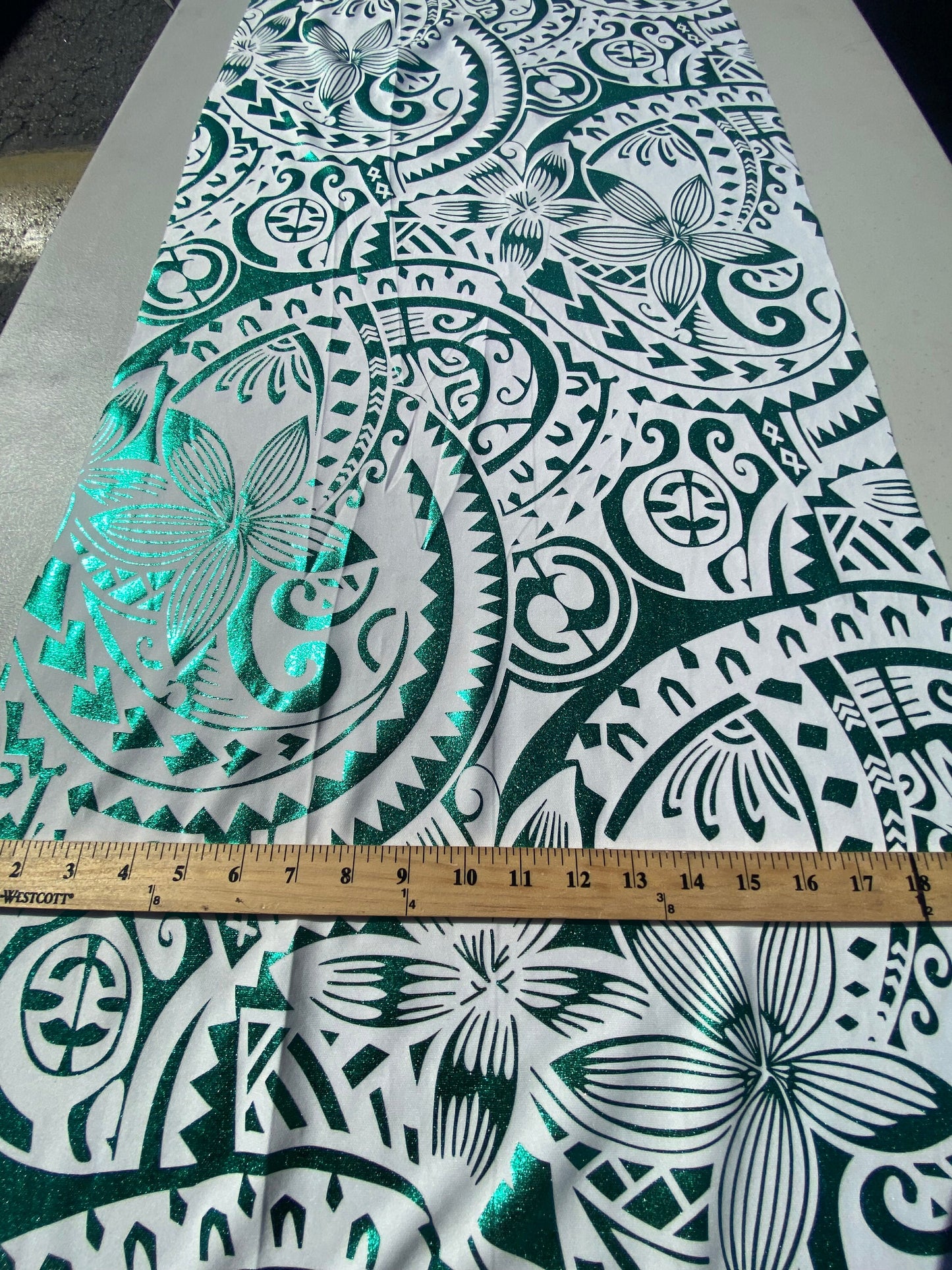 GTEX Collection- Exquisite Traditional Polynesian Tattoo Design | Foil Fabric - Stretch Scuba Fabric - 63" Luxury -Quality (White & Green)  | Gtex Fabrics