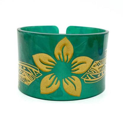 New Plumeria Floral Carved Acrylic Cuff Bracelets Bangles – Polynesian Island Tribal Jewelry – 2.75″ Diameter x 2″ Width | Gtex Fabrics