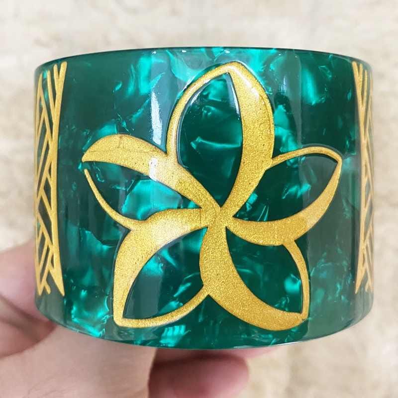 New Plumeria Floral w Tribal Carved Acrylic Cuff Bracelets Bangles – Polynesian Island Tribal Jewelry – 2.75″ Diameter x 2″ Width