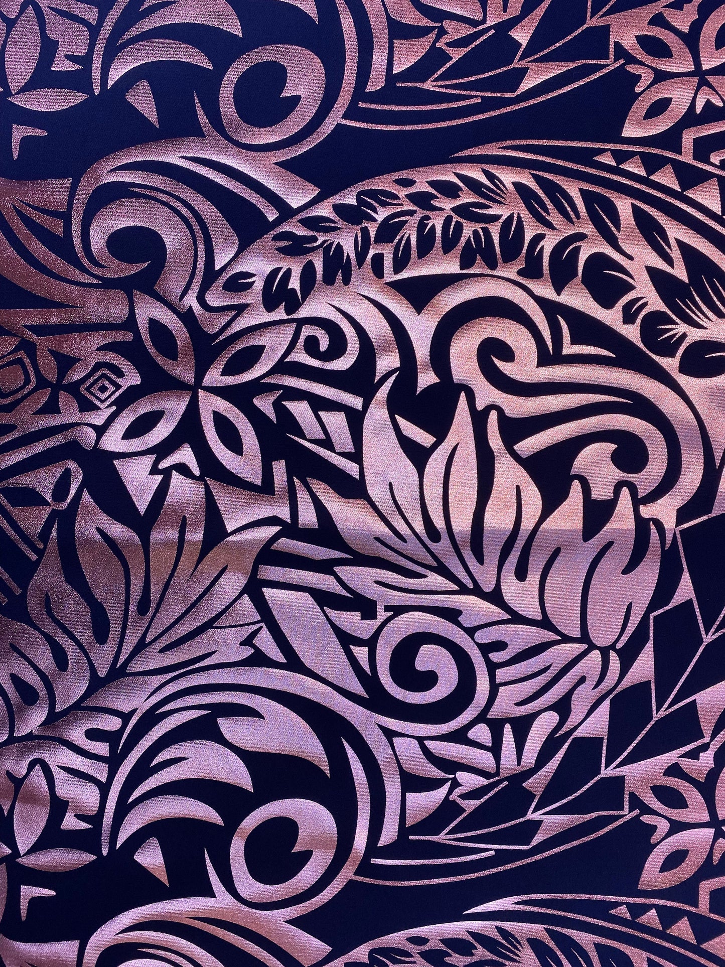 GTEX Collection- Exquisite Traditional Polynesian Tattoo Design | Foil Fabric - 2 Way Stretch Fabric - 60" Luxury (Navy & Dusty Rose Pink) | Gtex Fabrics