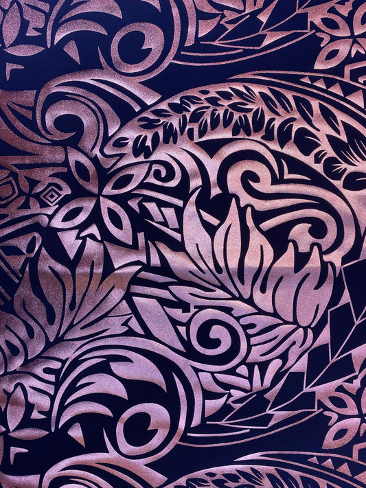 GTEX Collection- Exquisite Traditional Polynesian Tattoo Design | Foil Fabric - 2 Way Stretch Fabric - 60" Luxury (Navy & Dusty Rose Pink) | Gtex Fabrics