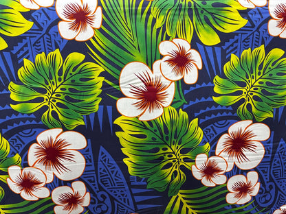 Polynesian Hibiscus & Monstera Fabric – 100% Cotton | 45" Wide | Tropical Island Print | Sold by Yard or Roll | Made in Thailand  | Gtex Fabrics