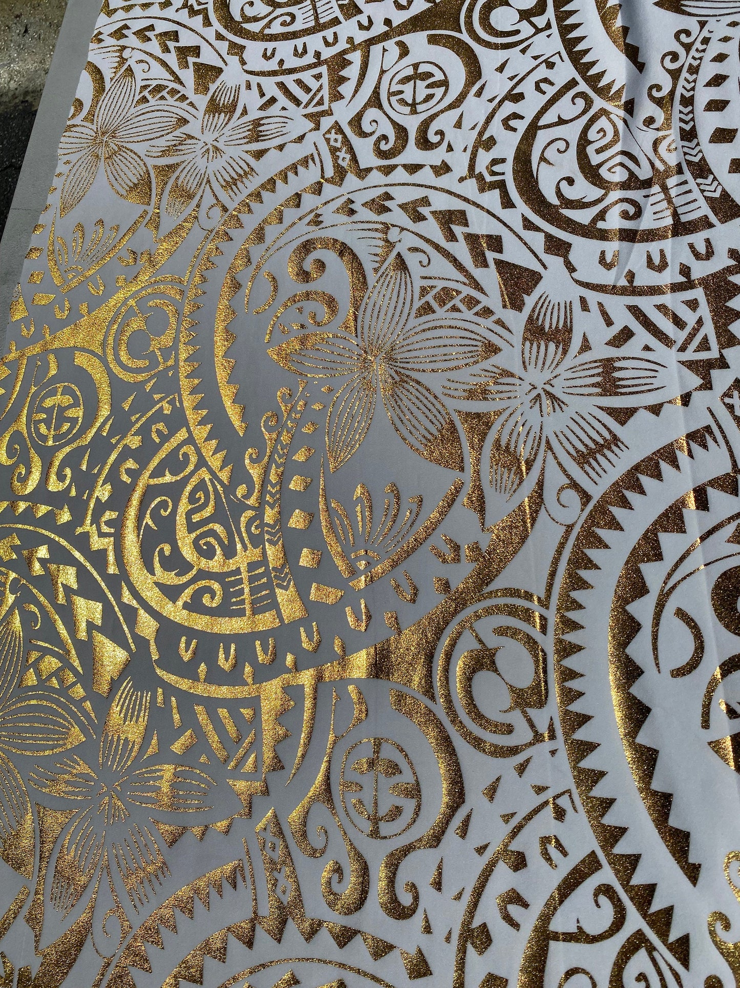 GTEX Collection- Exquisite Traditional Polynesian Tattoo Design | Foil Fabric - Stretch Scuba Fabric - 63" Luxury -Quality (White & Gold)   | Gtex Fabrics