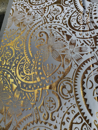 GTEX Collection- Exquisite Traditional Polynesian Tattoo Design | Foil Fabric - Stretch Scuba Fabric - 63" Luxury -Quality (White & Gold)   | Gtex Fabrics