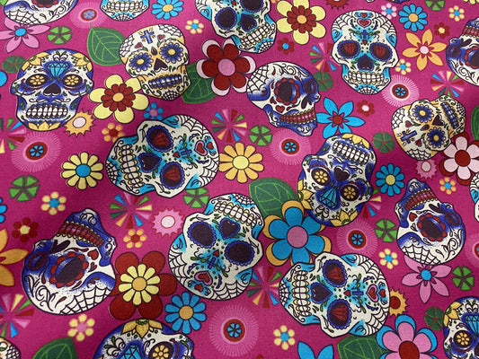 Mexican Heritage Folkloric Sugar Skulls 100% Cotton poplin Fabric / Pink Calaveras Fabric / 44" wide | Gtex Fabrics