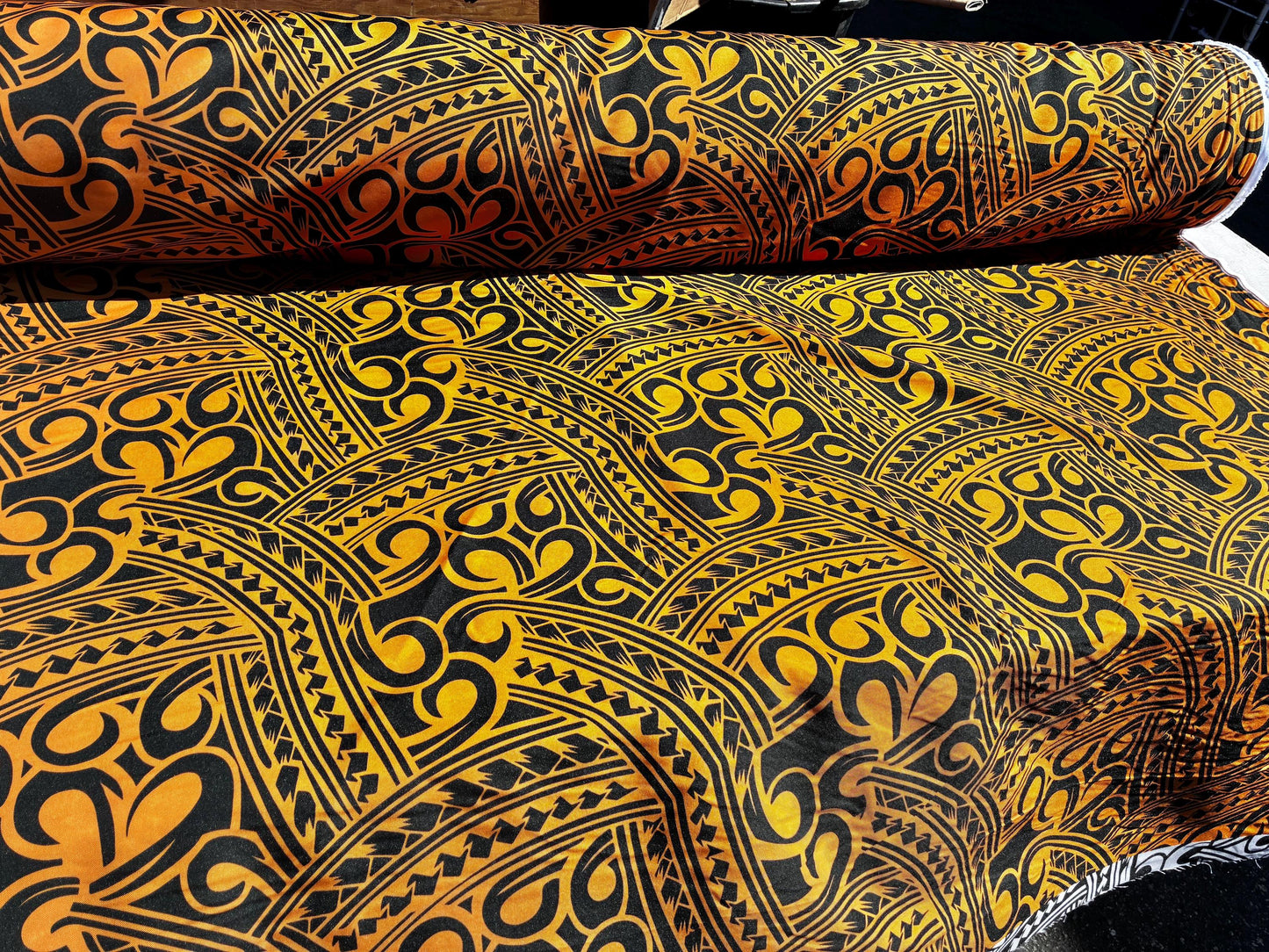 Island Fabric - Polynesian Tribal Fabric – 100% Polyester MiniMatt – Made in New Zealand 60” Wide (Orange and Black)  | Gtex Fabrics