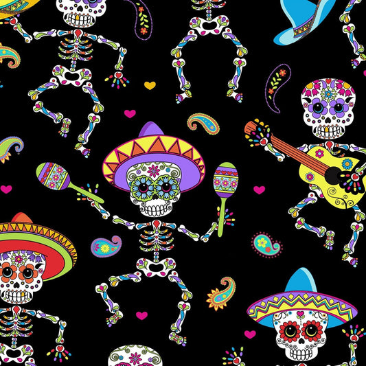 Mexican Heritage Sugar Skull Dancing Day Of The Dead 100% Cotton Algodon tela material By The Yard | Gtex Fabrics