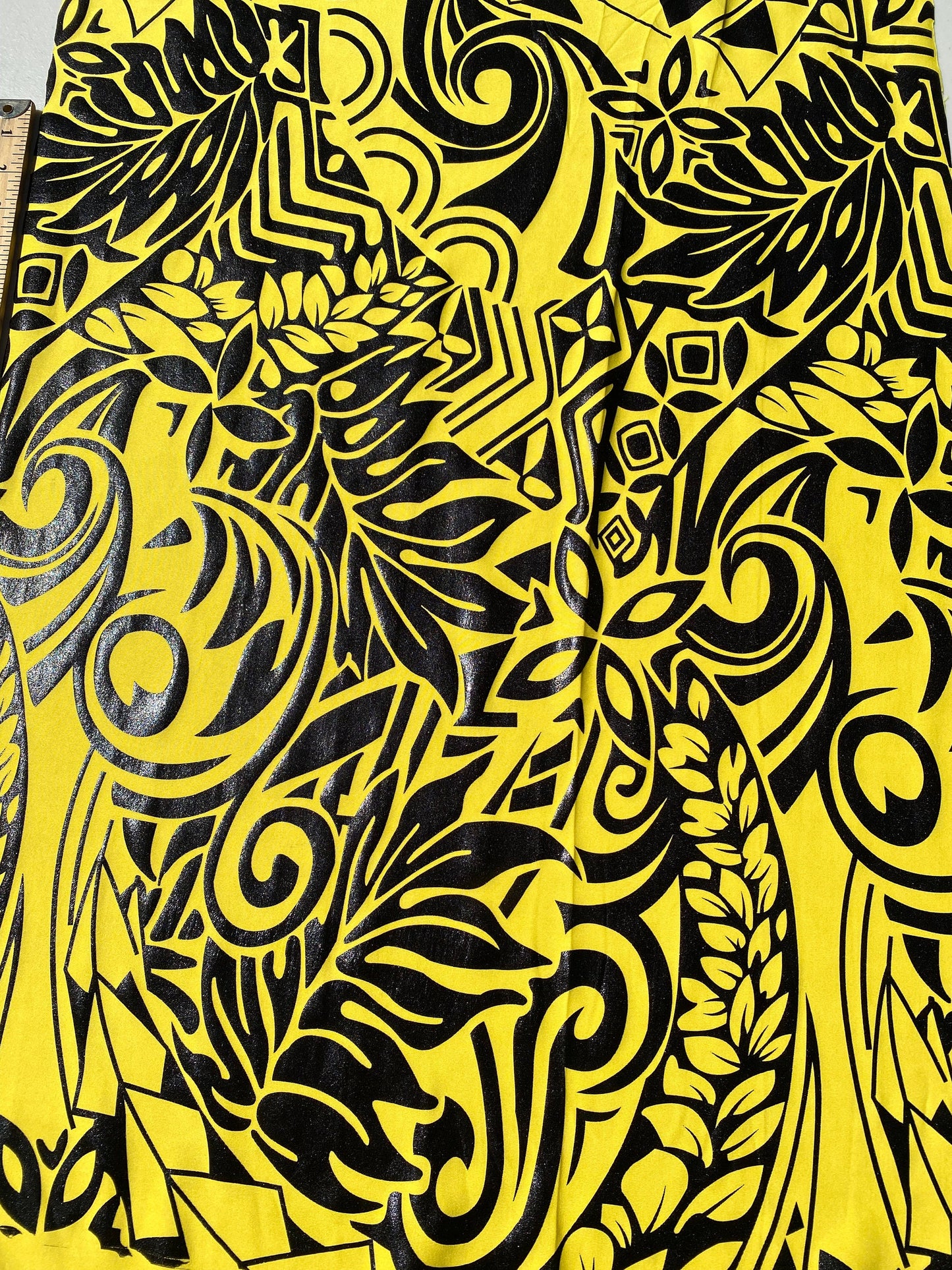 GTEX Collection- Exquisite Traditional Polynesian Tattoo Design | Foil Fabric - Stretch Scuba Fabric - 63" Luxury -Quality (Yellow & Black)  | Gtex Fabrics