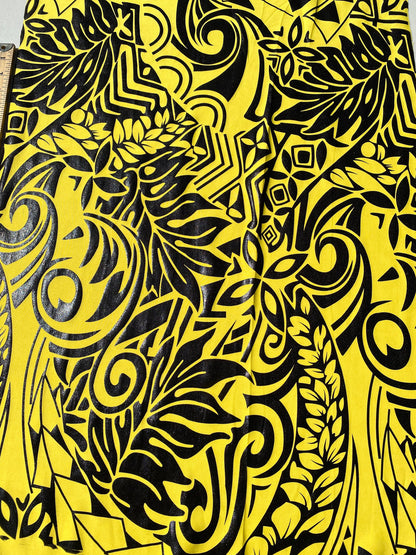 GTEX Collection- Exquisite Traditional Polynesian Tattoo Design | Foil Fabric - Stretch Scuba Fabric - 63" Luxury -Quality (Yellow & Black)  | Gtex Fabrics