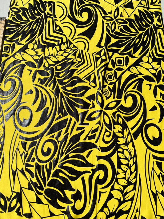 GTEX Collection- Exquisite Traditional Polynesian Tattoo Design | Foil Fabric - Stretch Scuba Fabric - 63" Luxury -Quality (Yellow & Black)  | Gtex Fabrics