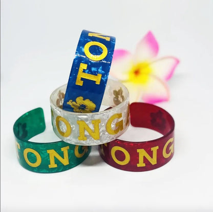Tonga Bracelet, Bangle, Jewelry, Acrylic Resin Tortoise Shell Material With Hibiscus Flowers, Engraved Letters, Polynesian Design | Gtex Fabrics
