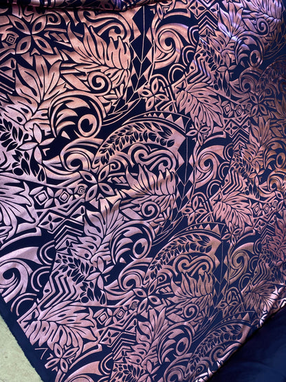GTEX Collection- Exquisite Traditional Polynesian Tattoo Design | Foil Fabric - 2 Way Stretch Fabric - 60" Luxury (Navy & Dusty Rose Pink) | Gtex Fabrics
