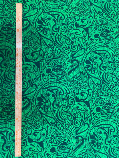 Polynesian Fabric - Green Tribal Tattoo Swirls, Samoan, Fiji, Island Fabric - Sold by the Yard -100% Cotton Lt Bark Cloth -Doby Cotton  | Gtex Fabrics