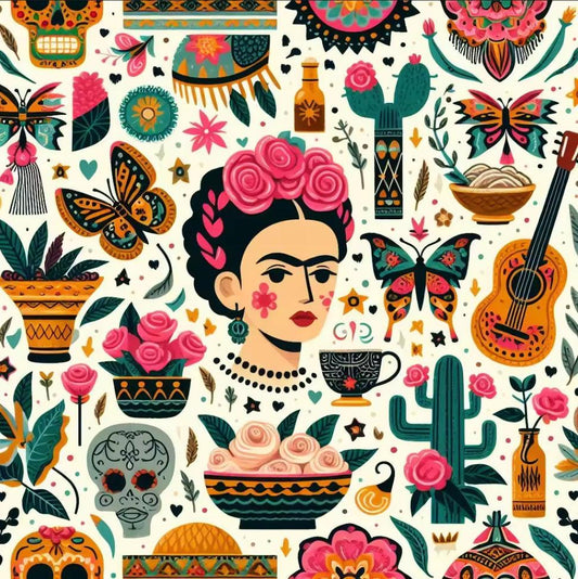 High Quality Mexican Fabric by the Yard – Frida Kahlo, Tattoo, Avocado, Sombrero, Cinco De Mayo – Mini Matt Material   | Gtex Fabrics