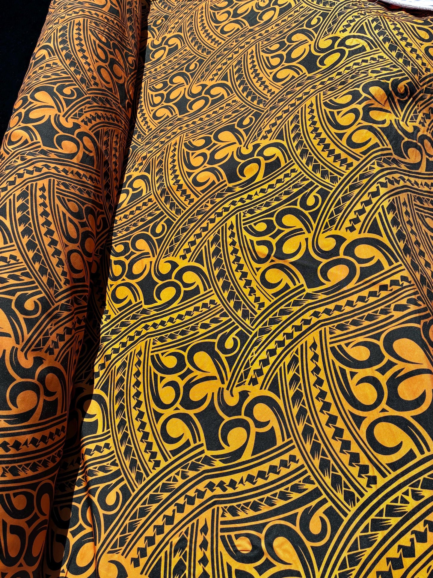 Island Fabric - Polynesian Tribal Fabric – 100% Polyester MiniMatt – Made in New Zealand 60” Wide (Orange and Black)  | Gtex Fabrics