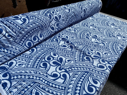 Island Fabric - Polynesian Tribal Fabric – 100% Polyester MiniMatt – Made in New Zealand 60” Wide (White and Blue)  | Gtex Fabrics