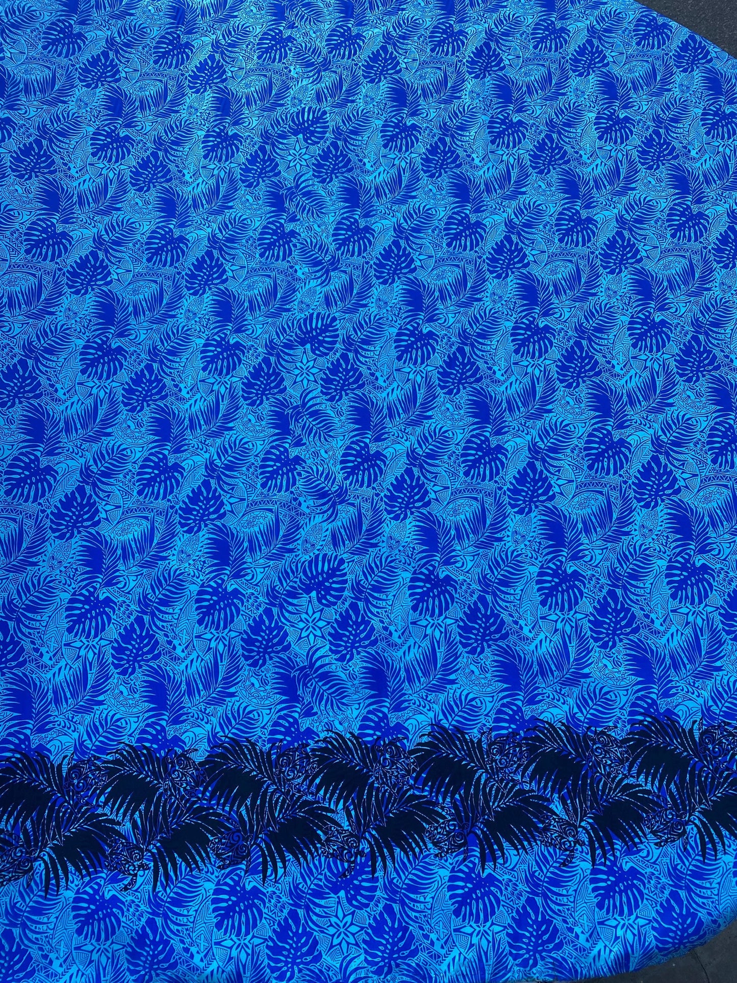 Polynesian Cotton Fabric by the Yard – Turquoise & Black Monstera Leaf Border Print – 100% Cotton Island Fabric, 45" Wide – Tropical Design | Gtex Fabrics