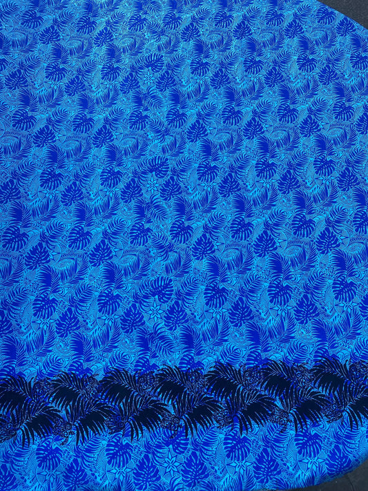 Polynesian Cotton Fabric by the Yard – Turquoise & Black Monstera Leaf Border Print – 100% Cotton Island Fabric, 45" Wide – Tropical Design | Gtex Fabrics